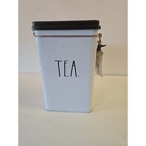 Rae Dunn 8" TEA Tin Storage Box with Metal Clamp Locking Lid White Canister